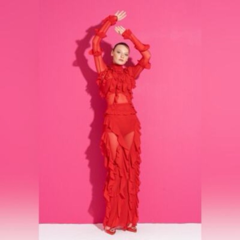 KIKIRIKI Sheer Ruffle Long Sleeve Turtleneck Bodycon Maxi Dress in Red
